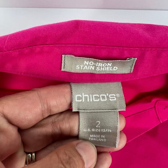 Chicos 2 Large No Iron Cotton Hidden Button Up Raspberry Hot Pink Women’s Blouse - Picture 9 of 12